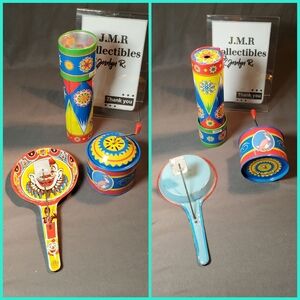Lot of 3 Vintage Tin Litho Circus Clown Toy Noisemakers, Kaleidoscope Metal Toy